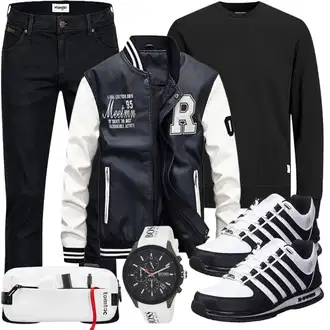 Party Outfits mit Schwarz Unkategorisiert Wrangler, Schwarz Unkategorisiert Jack & Jones, Schwarz/Dunkelblau/Blau/Hellblau Sportjacke/Collegejacke Vogstyle, Schwarz Unkategorisiert K-SWISS "Street Styl Outfit"