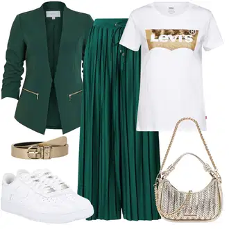 Djeveruša Outfit sa Tamnozelena/Zeleno/Tirkizna Hlače S Naborom/Široka Hlača/Hlače s prednjim naborom/Palazzo Hlača About You "Zimski outfit"