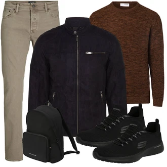 Outfit mit Schwarz/Dunkelblau Mantel/Stehkragen-Strickjacke/Wolle Strickjacke/Strickjacke Gefüttert/Kurze Strickjacke/Baumwoll Strickjacke/Jacke mit Seitlichem Reißverschluss/Strickfleecejacke/Cordjacke/Nachhaltige Jacke/Kunstfaserjacke/Trachtenstrickjacke Jack & Jones "Street Style Outfit"