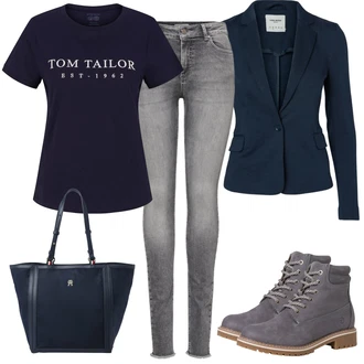 Outfit sa Siva/TamnoSiva/SvjetloSiva/Tamnoplava/Plava Čizmica Gležnjača na Vezanje/Vodootporne čizme/Podstavljena Gležnjača/Klasična čizmica/Zimska gležnjača/Borbena Čizma Tamaris "Svakodnevni izgled"