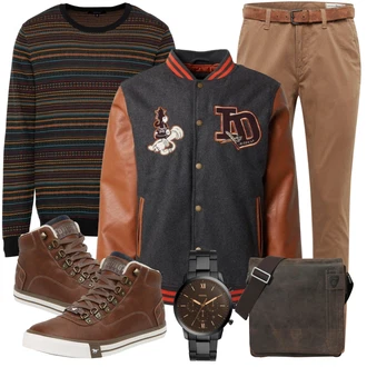 Outfit mit Grau/Blau/Gold/Rot Collegejacke/Wolle Strickjacke/Winter Strickjacke/Vintage Strickjacke/Stehkragen-Strickjacke/Strickjacke Gefüttert/Strickjacke Tracht Iriedaily "Street Style Outfit"