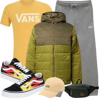 Retro Outfit mit Creme/Schwarz/Gelb/Mischfarben Sneaker Skateschuh/Sneaker Low/Sneaker Mit Lochmuster/Vintage Sneaker/Sommer Sneaker Vans "Street Style Outfit"Look: Skater, Retro, Streetwear, Sportlich, Esthetische, Classic, Fließende