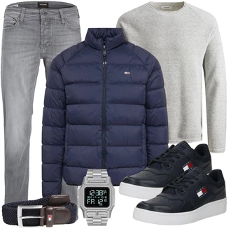Schlichte Outfit mit Hellgrau/Grau Straight Leg Jean/Slim Fit Jeans/Tapered-Jeans/Regular-Fit Jeans/Damen 7/8-Länge Jeans/Low Rise Jean/Sportschuhe/Girlfriend Jeans/Winterjacke/Leder Schuhe/Formelles Hemd Jack & Jones "Street Style Outfit"Look: Uni, Classic, Smart Casual, Old Money, Premium, Schlichte