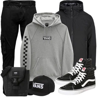 Lang Outfit mit Schwarz/Dunkelblau Hut Snapback Cap Vans "Street Style Outfit"