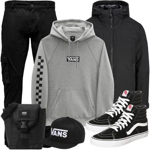 Sportlich Schwarz SkateSchuh/Canvas-Sneaker/Vintage Sneaker Vans kombinieren mit Schwarz/Dunkelblau Hut Snapback Cap VansLook: Streetwear, Sportlich, Classic, Esthetische, Smart Casual, Retro, Vintage, Casual, Skater