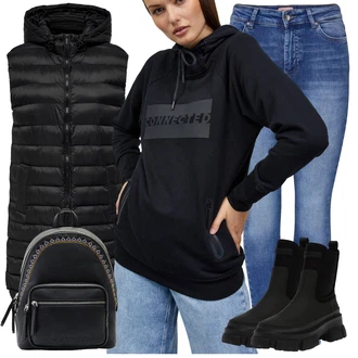 Dlouhé Outfit s Černá Dlouhá Vest/Puffer Vest Only "Pouliční styl oblečení"