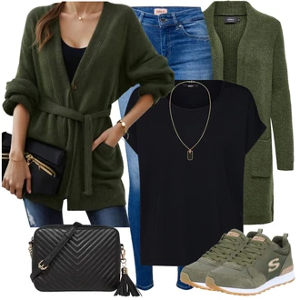 Outfity z džínu Mom Posilování s Černá/Tmavě modrá Tričko/Jednoduchý top/Tričko s vodopádovým výstřihem/Košile Carmen/Tričko nadměrné velikosti/Košilový top/Tričko s krátkým rukávem/Krátký top/Zavinovací Tričko Only "Vzhled casual"Look: Mom, Nadrozměrné, Cool, Skromné, Unisex, Posilování, Volný čas, Pracovní