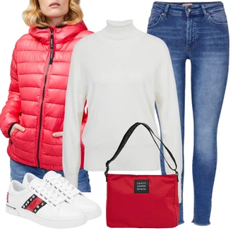 Outfit s Bílá/Červená/Černá/Krémová Bota Nízká Teniska/Tenisky s Bočním Zipem/Letní tenisky/Úzká teniska/Kožené tenisky Guess "Stylové kombinace pro volný čas"