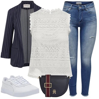 Carina Outfit s Bílá/Světle modrá/Šedá Teniska Kožené Tenisky/Nízká Teniska/Teniska na platformě/Úzká Teniska/Letní Tenisky Puma "Stylový look na jaro"