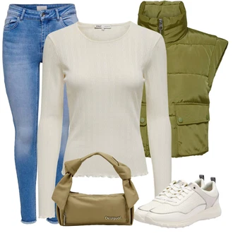 Outfit s Khaki/Tmavě zelená/Zelená Prošitý Prslušenství/Puffer Vest/Krátká Vest/Peřová Vest JdY "Stylový look na jaro"