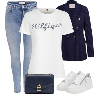 Outfit s Tmavě modrá/Modrá Taška Přes Rameno/Brašna/Sportovní Taška Přes Rameno/Malá Taška/Dopisová peněženka/Ledvinka DKNY "Stylový look na jaro"