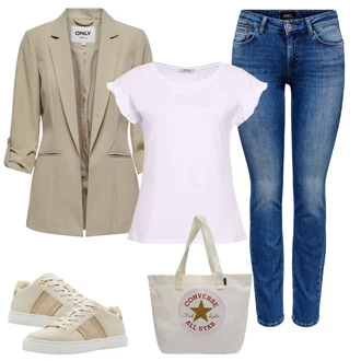 Outfit s Lilové barvy/Hnědá/Růžová/Bílá/Khaki Plážová taška/Látková taška/Taška Na Rameno/Shopper taška/Bavlněná taška Converse "Stylový outfit na jaro"