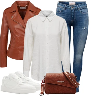 Streetwear Outfit s Bílá/Krémová Teniska s dírkovaným vzorem/Letní Tenisky/Kožené Tenisky/Nízká Teniska/Teniska na platformě/Úzká Teniska Aldo "Stylový vzhled pro volný čas"Look: Estetika, Ležérní, Klasické, Lev, Moderní, Sportovní, Streetwear, Trendový, Unisex