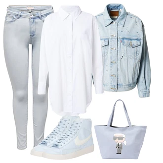 Džínovina Outfit s Bílá/Světle modrá/Krémová Dlouhá Halenka/Oversize Halenka/Tunikové Tričko/Oversize Muselínová Blůza/Halenkové Body Tom Tailor Denim "Stylový zimní outfity"