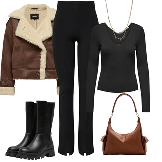Výstřih na ramena Outfit s Hnědá/Béžová/Tmavě hnědá/Bílá Bunda Vintage Bund/Krabice Bunda/Bunda z Jehněčí Kůže Only "Stylový zimní outfity"