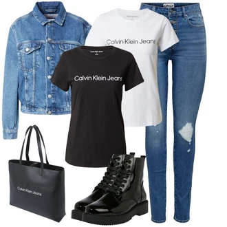 Vintage Outfit s Modrá/Světle modrá/Tmavě modrá Kožená bunda/Džíny s Dírou/Kožené bundy/High Waist Džínové Kalhoty/Džíny s Rozparkem/Push up Džín Only "Stylový zimní outfity"Look: Styl, 90tá léta, Ležérní, Cool, Krásný, Old Money, Vintage