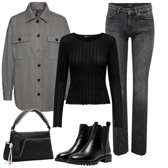 Lak Outfit s ?erná Koza?ka Ko?ená bunda/Chelsea Boty/Plochá Kotníková Bota/Ko?ená kotníková bota Only "Stylový zimní outfity"Look: Gotický, S Mokrým Vzhledem, ?ik, Lak, Premium, Glamourové, Nadrozm?rné, Metal, Trendový, Elegantní