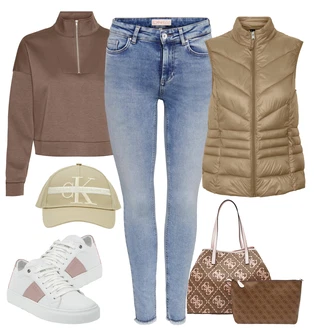 Outfity na zimu Dlouhé s Béžová/Hnědá/Šedá Taška Přes Rameno/Látková taška/Dopisová peněženka/Taška Na Rameno/Shopper taška Guess "Stylový zimní outfity"