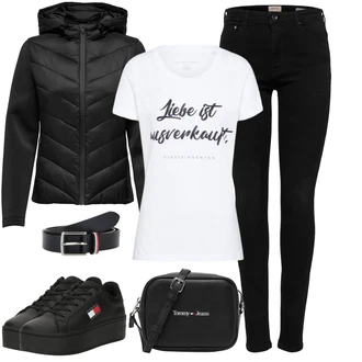 Outfit s Černá Bota Kožené tenisky/Nízká Teniska/Úzká teniska/Teniska na platformě Tommy Jeans "Stylový zimní outfity"
