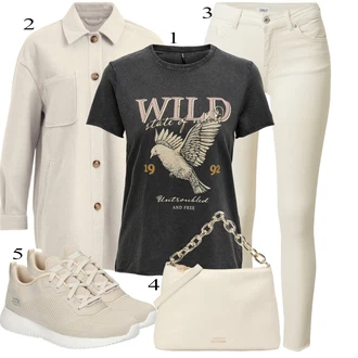 outfit mit Bež/Bela/Khaki Usnjena Jakna/Motoristične Kavbojke/Kavbojke z Razporkom/Kavbojka z Nizkim Pasom/Kavbojka z Nizkim Pasom/Push up Kavbojke/Ozke Kavbojke/Usnjene Čevlje/Termodžinsi Only "Obleka za prosti čas"