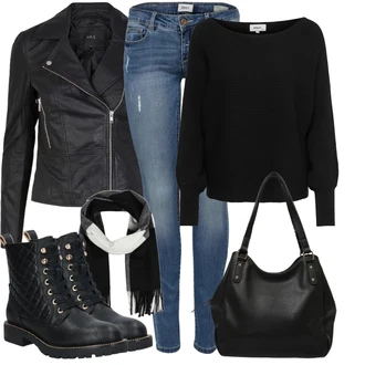 Rovná noha Outfit s Černá/Tmavě šedá/Růžová/Bílá Kožené Bund Bunda z Umělé Kůže/Motorkářské Bund/Kožené Bund/Motorkářská bunda/Bunda s Bočním Zipem yas "Zimní outfit pro volný čas"