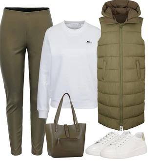 Outfit s Tmavě zelená/Khaki Dlouhá Vest/Peřová Vest/Puffer Vest Tom Tailor "Trendový zimní vzhled"