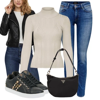 Ležérní Outfit s Černá/Zlatý Teniska Tenisky s Bočním Zipem/Teniska teddy/Teniska se Třpytkami/Úzká Teniska/Kožené Tenisky/Nízká Teniska Guess "Volnočasový outfit na jaro"Look: Ležérní, Šik, Lak, Lev, Metal, Sportovní, Streetwear, Trendový, Unisex