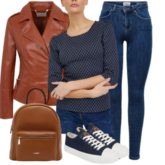 S ramenními vycpávkami Outfit s Tmavě červená/Bílá/Hnědá Mini batoh/Mini batoh L.CREDI "Vzhledy pro volný čas"Look: S ramenními vycpávkami, Volný čas