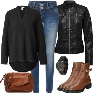 Outfit sa Crna Bluza Dugih Rukava/Oversize Bluza/Tunika Majica/Duga Bluza/Klasična tunika/Slip-on Bluza/Kožna jakna za muškarce VERO MODA "Zimski outfit"