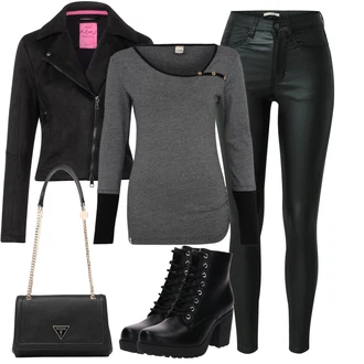 S nýtováním Kůže Outfit s Černá Kozačka Motorkářská bota/Chelsea Boty/Kožená bota/Goodyear welted bota/Business Bota About You "Zimní look"