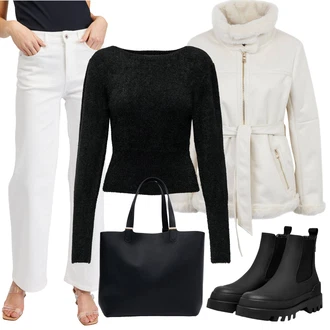 Outfity z džínu Zvonové kalhoty s Bílá/Krémová orsay "Zimní look"