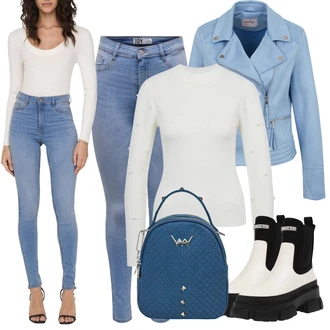 Outfit s Světle modrá/Modrá Kožená bunda/Push up Džín/Kožené Boty/Zimní bunda/Džíny s Rozparkem/Slim Fit Džíny/High Waist Džínové Kalhoty/Kožená Pánská Bund JdY "Zimní look"