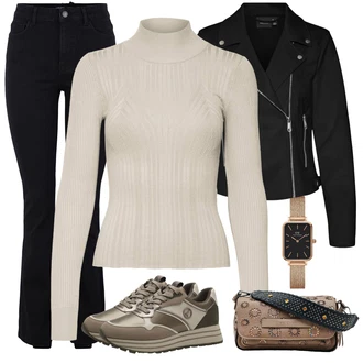 Outfit s Černá/Tmavě modrá/Bílá/Hnědá Pánské tričko/Džíny s Rozparkem/High Waist Džínové Kalhoty/Zvonové Džíny Pieces "Zimní look"