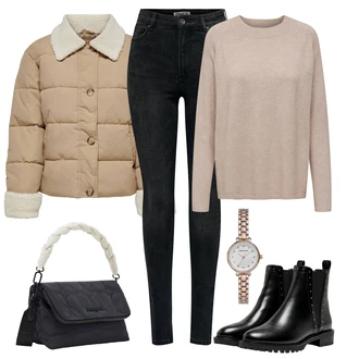 Nadrozměrné Outfit s Černá Kožená bunda/Chelsea Boty/Plochá Kotníková Bota/Kožená kotníková bota Only "Zimní look"Look: Gotický, S Mokrým Vzhledem, Šik, Lak, Premium, Glamourové, Nadrozměrné, Metal, Trendový, Elegantní