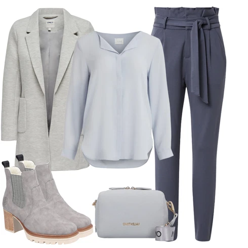 Kombinace Světle modrá/Modrá Dlouhá Halenka/Halenka s Dlouhým Rukávem/Slip-on Halenka/Blůza s knoflíčkem/Halenka se Stojatým Límcem/Tunikové Tričko/Oversize Halenka Vila kombinovat s Šedá/Modrá/Tmavě modrá Paperbag Kalhoty/Boyfriend Kalhoty/Mušelínové kalhoty/Ležérní Kalhoty/Jogger Kalhoty VERO MODA