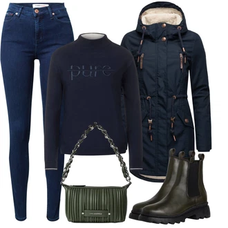 Outfity na zimu s Tmavě modrá Zimní Parka/Parka Přechodová Bund/Jarní bunda/Outdoorové Bundy/Dlouhé bundy/Podzimní bunda/Funkční Bunda/Bunda s Kapucí/Vosková Bunda Ragwear "Zimní nálada"