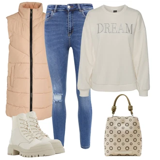 Armáda Outfit s Šedá/Béžová/Hnědá/Bílá/Khaki Veganská Bota/Kožená bunda/Šněrovací Kotníková Bota/Bojová Bota/Klasická kozačka/Gumová Kotníková Bota Aldo "Zimni nálada"Look: Moderní, Unisex, Šik, Trendový, Egirl, Armáda, Pracovní oděvy, Estetika, Sportovní