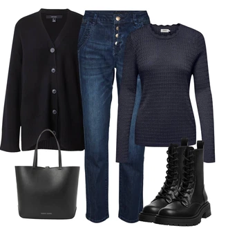 Outfit s Modrá/Tmavě modrá/Světle modrá Rovná Džína/Džíny Volného Střihu/Sportovní boty/Džíny Regular Fit/Dámské Džíny s Délkou 7/8/Formální Košile/Boyfriend Džínové kalhoty/Zužující se Džíny/Zimní bunda/High Waist Džínové Kalhoty/Termální Džíny/Navlékací džíny VERO MODA "Zimni nálada"