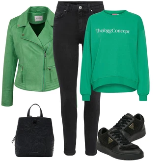 Elegantní Outfit s Černá Teniska Kožené Tenisky/Nízká Teniska/Úzká Teniska/Teniska na platformě/Teniska teddy Guess "Zimni nálada"Look: Estetika, Šik, Elegantní, Fancy, Glamourové, Lak, Lev, Sportovní, Streetwear, Trendový, Unisex
