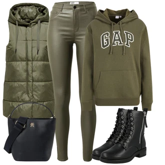 Kůže Outfit s Tmavě zelená/Khaki Kožená bunda/Motorkářské Džíny/High Waist Džínové Kalhoty/Džíny s Rozparkem/Termální Džíny JdY "Zimni nálada"