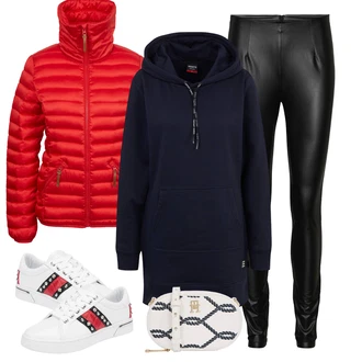 Outfit s Bílá/Červená/Černá/Krémová Bota Nízká Teniska/Tenisky s Bočním Zipem/Letní tenisky/Úzká teniska/Kožené tenisky Guess "Zimni nálada"