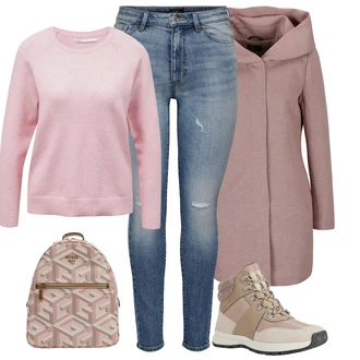 Outfity na zimu Bez rukávů Midi s Růžová/Zlatý Mini batoh/Mini batoh Guess "Zimní outfit pro volný čas"