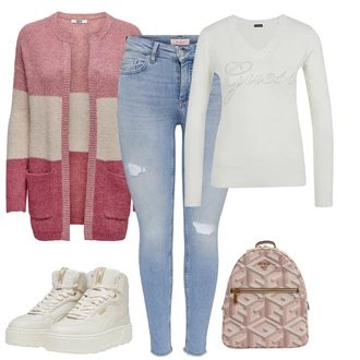 Outfity na zimu Bez rukávů Midi s Růžová/Zlatý Mini batoh/Mini batoh Guess "Zimní outfit pro volný čas"