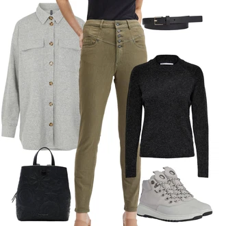 Respira Outfit s Šedá/Hnědá/Světle šedá Teniska na platformě/Tenisky s Bočním Zipem/Úzká Teniska/Zimní Tenisky/Kožené Tenisky Geox "Zimní outfit pro volný čas"
