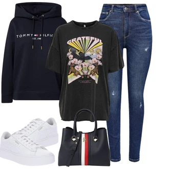Nadrozměrné Outfit s Tmavě modrá Originální mikina/Svetr S Kapucí/Oversize mikina/Mikina/Unisex Mikina S Kapucí/Vintage mikina/Dámský Svetr/Svetr s kapucí/Sportovní mikina Tommy Hilfiger "Zimní outfit pro volný čas"Look: Mom, Nadrozměrné, Sportovní, Unisex, Univerzitní, Vintage, Hip Hop