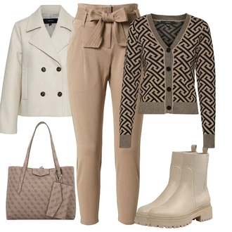 S Třásně Outfit s Hnědá/Béžová/Khaki Chelsea Boty/Kožená bunda/Plochá Kotníková Bota/Gumová Kotníková Bota/Kotníková Bota s Podšívkou About You "Zimní outfity"