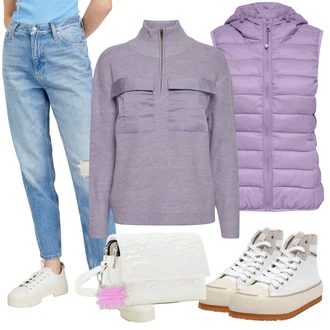 Outfit s Fialová Puffer Vest/Peřová Vest/Prošitý Prslušenství Only "Zimní outfity"