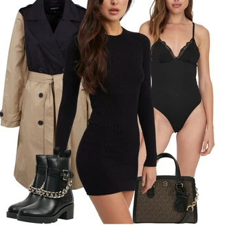 Podzim Outfit s Černá Svetrové Šaty/Šaty s dlouhým rukávem/Šaty S Rolákem/Dlouhé pletené šaty/Zimní Pletené Šaty Noisy may "Zimní večerní outfity"