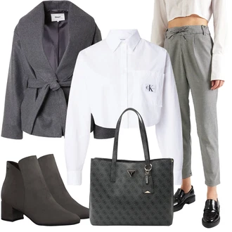 Zimske Outfiti Plemenita Dolga mit Siva/Temno siva/Bela Poslovna torba/Vrečka za prenašanje/Torba za čez ramo/Pisarniška torba/Torba za čez ramo/Nakupovalka Guess "Zimski videz"Look: Poslovna, Plemenita, Kul, Eleganten, Ekstravaganten, Mom, Stari denar, Premij