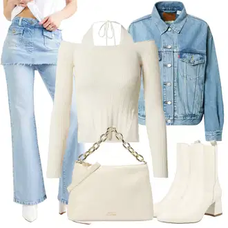 Denim jacket outfits Kratka mit Bela/Bež/Krem/Khaki Bluza Velika velikost/Bluza in Tunika Leger by Lena Gercke "Zimski videz"